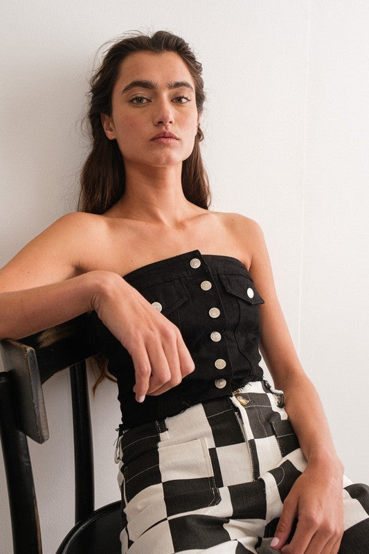 Black Denim Button Up Corset Top