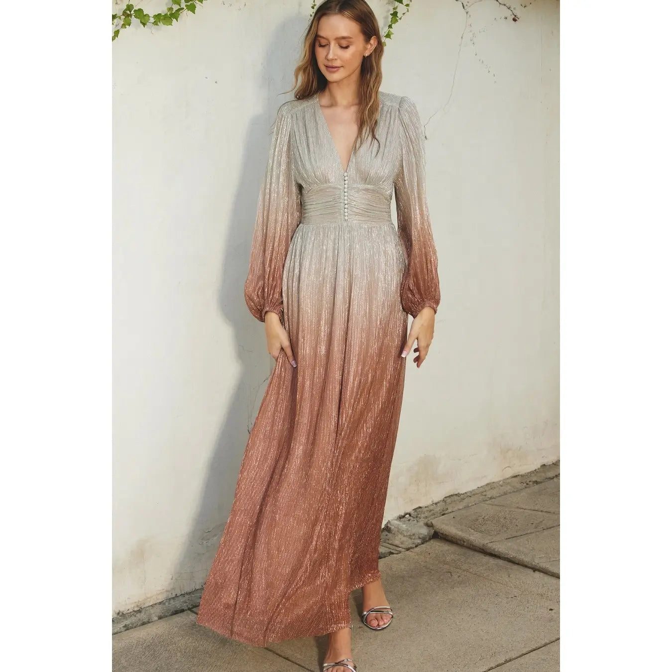 Shimmer Ruched Ombre Maxi Dress