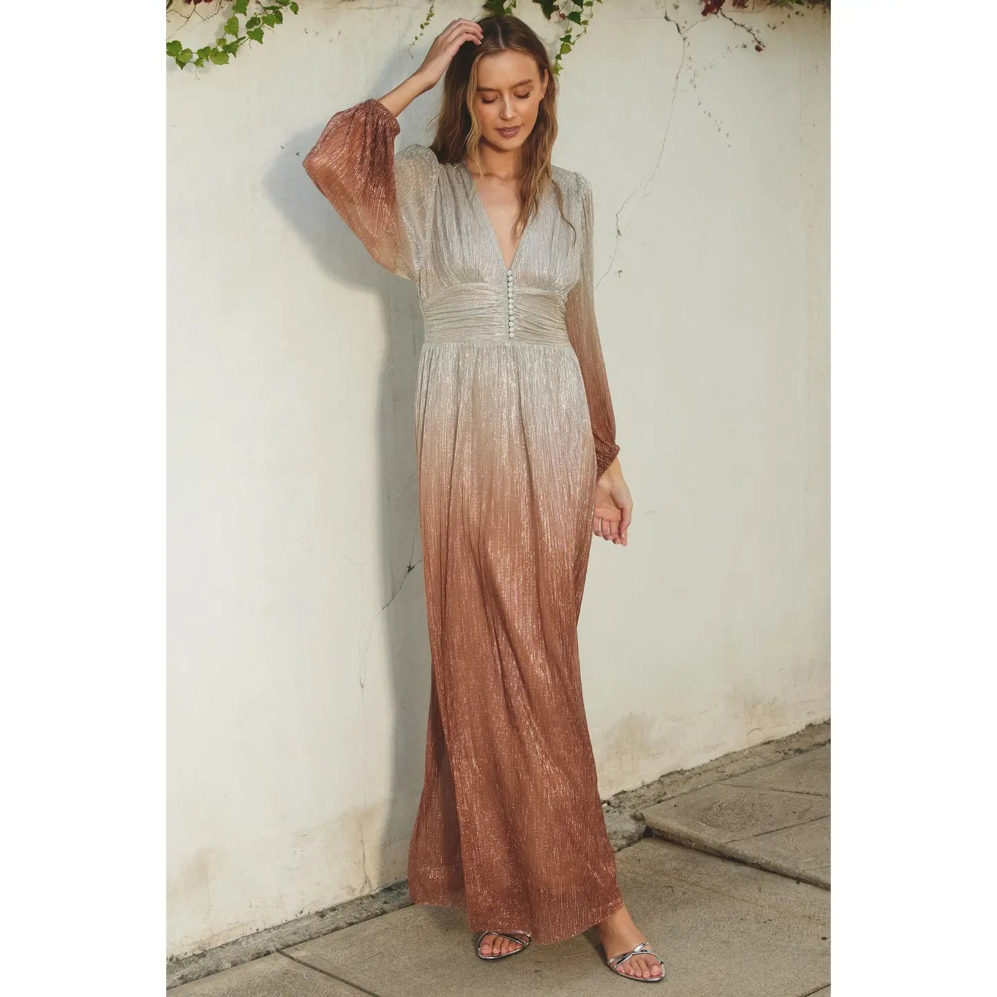 Shimmer Ruched Ombre Maxi Dress