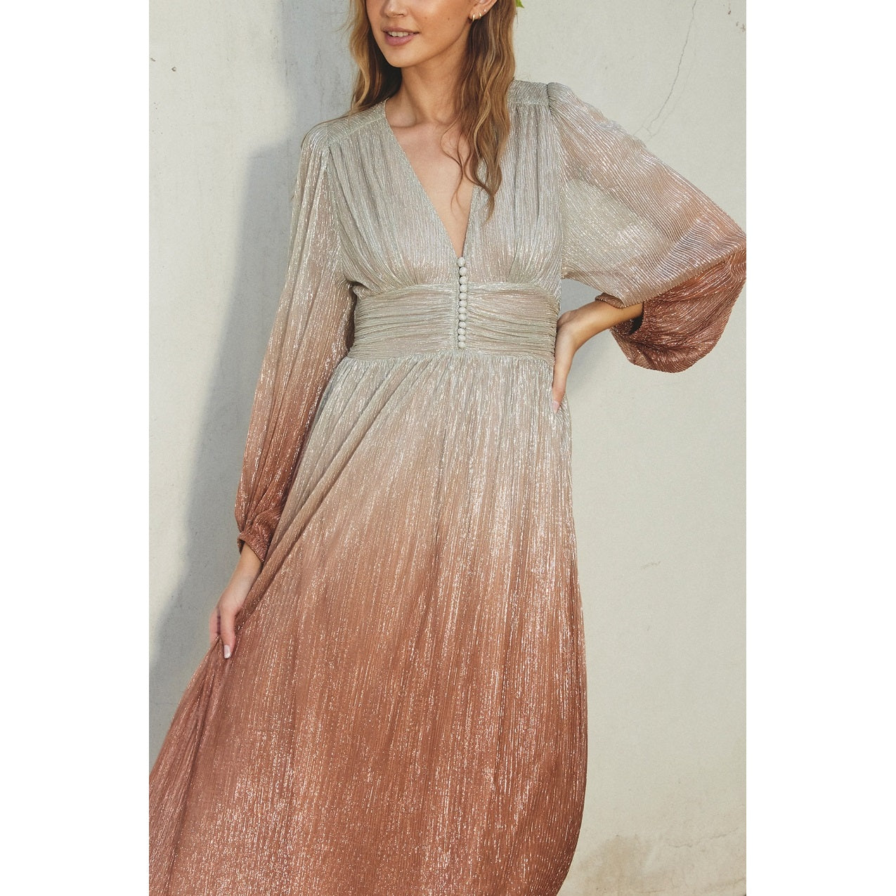 Shimmer Ruched Ombre Maxi Dress
