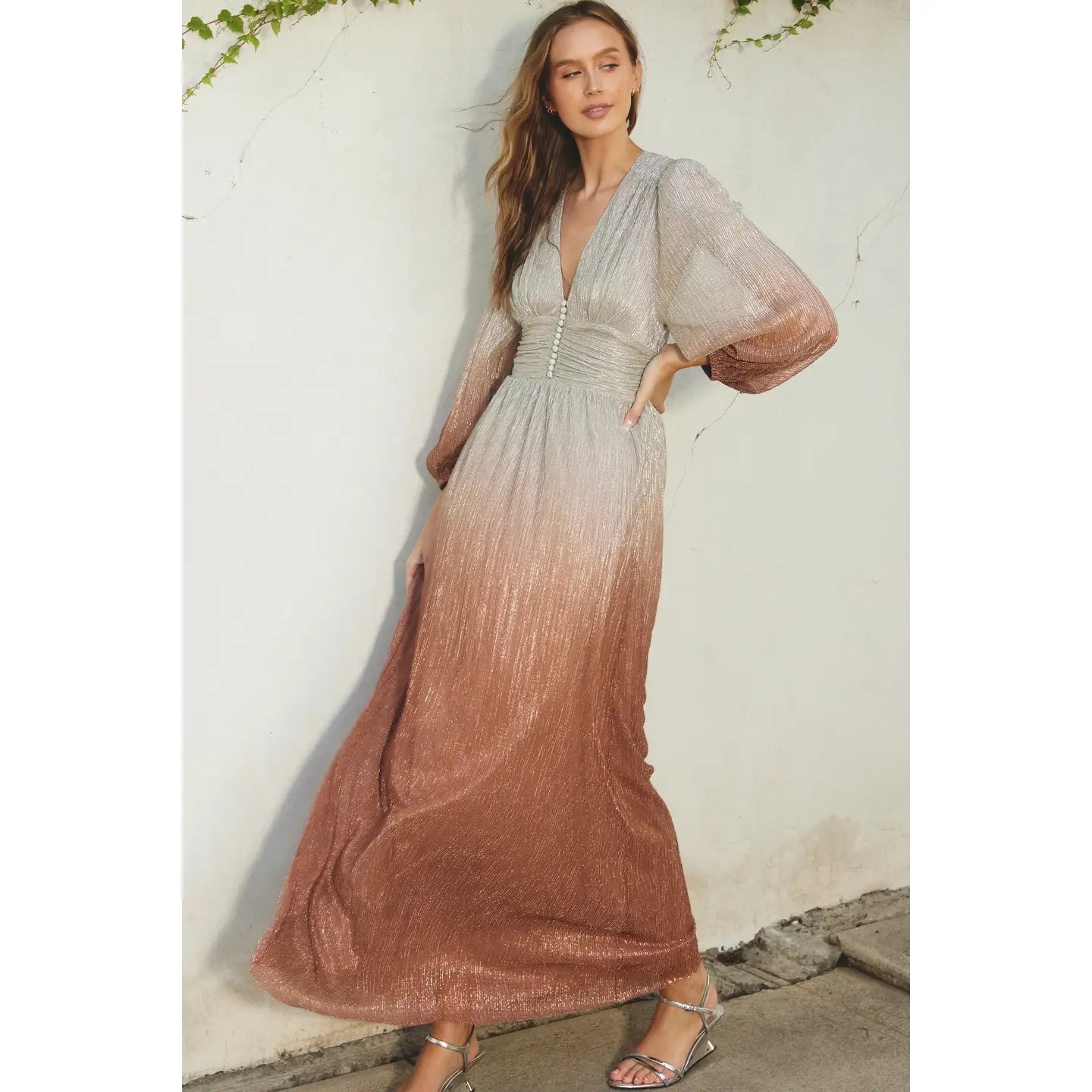 Shimmer Ruched Ombre Maxi Dress