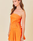 Strapless Orange Pleated Skort Dress