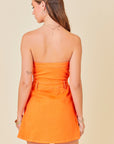 Strapless Orange Pleated Skort Dress