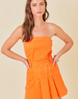 Strapless Orange Pleated Skort Dress
