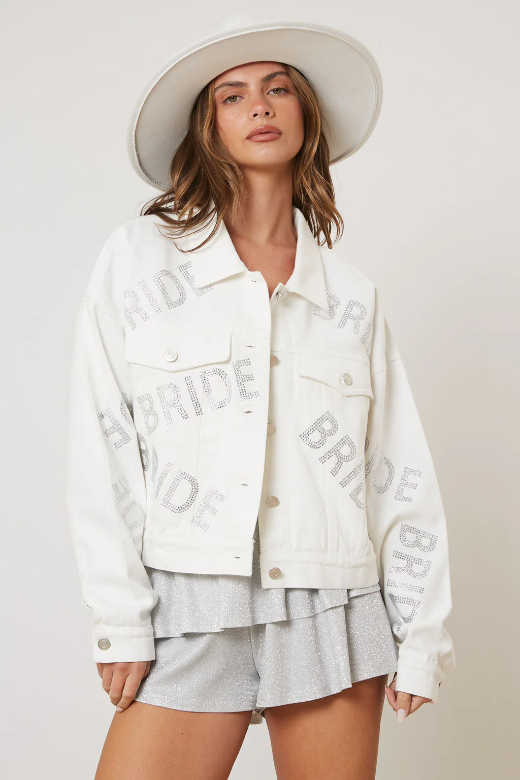 Rhinestone Bride White Denim Jacket