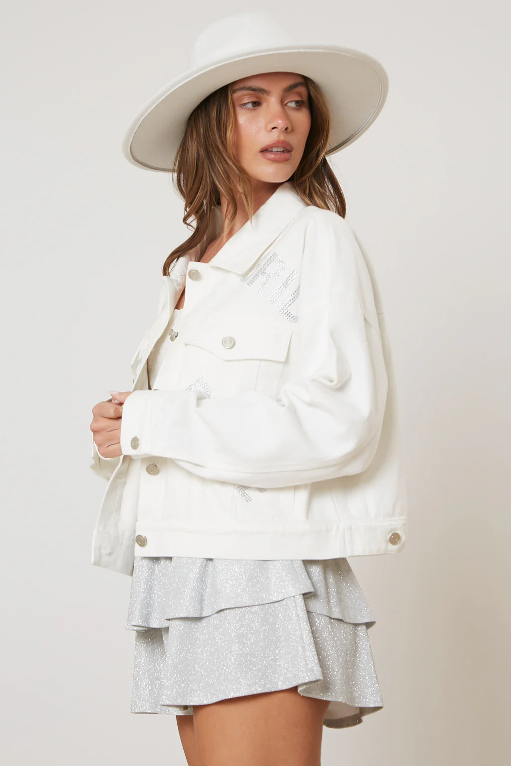 Rhinestone Bride White Denim Jacket