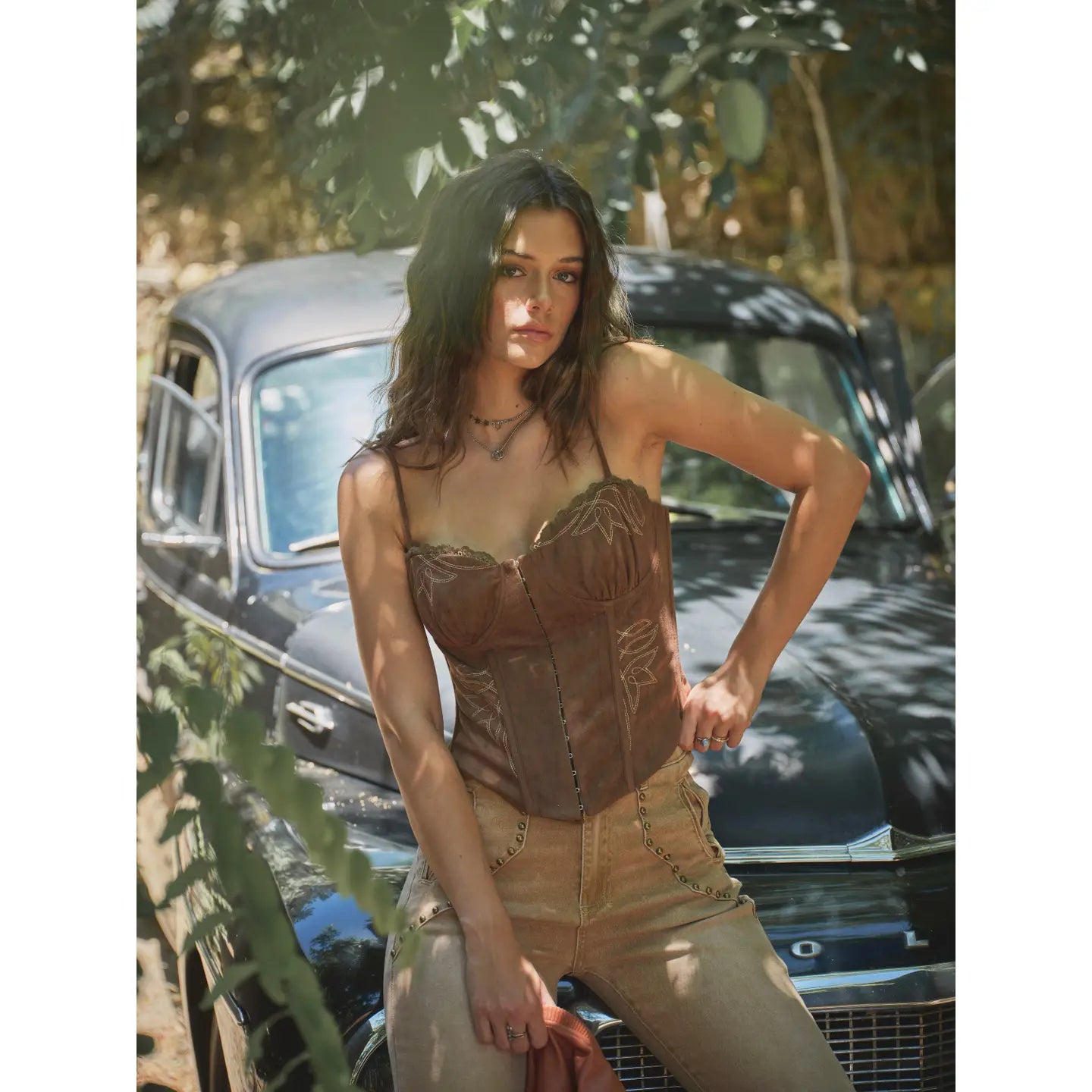 Brown Boot Stitch Lace Corset Top