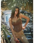 Brown Boot Stitch Lace Corset Top