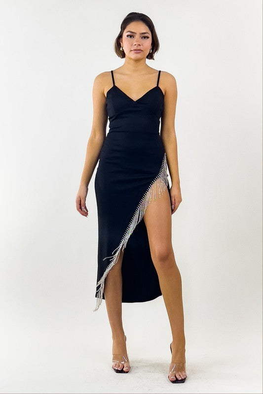 Black Fringe Long Slit Dress