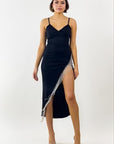 Black Fringe Long Slit Dress