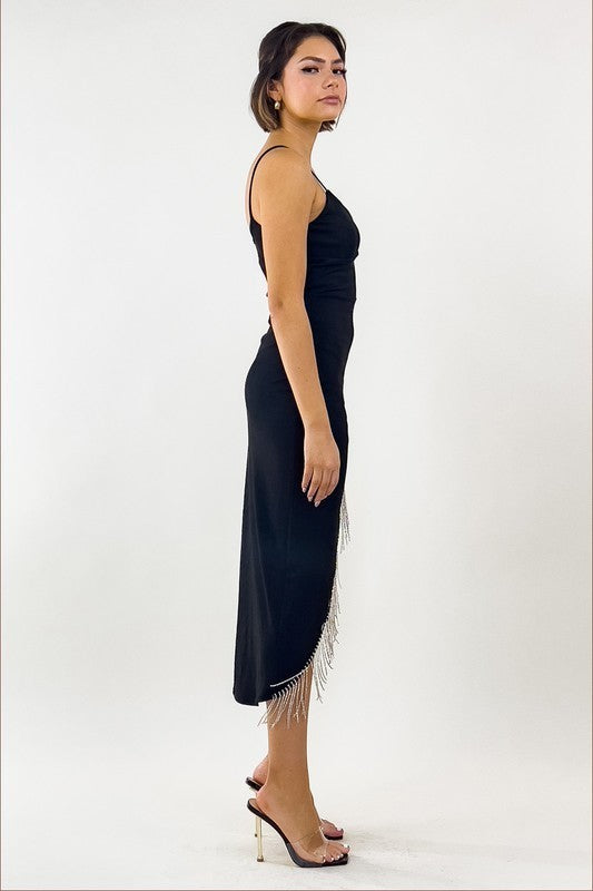 Black Fringe Long Slit Dress