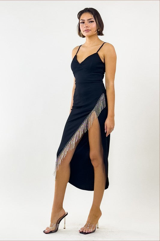 Black Fringe Long Slit Dress