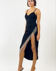 Black Fringe Long Slit Dress