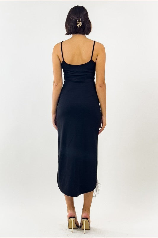 Black Fringe Long Slit Dress