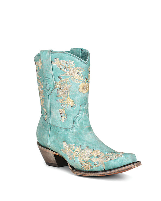 Ladies Washed Turquoise Floral Embroidered Crystals Snip Toe Ankle Boots