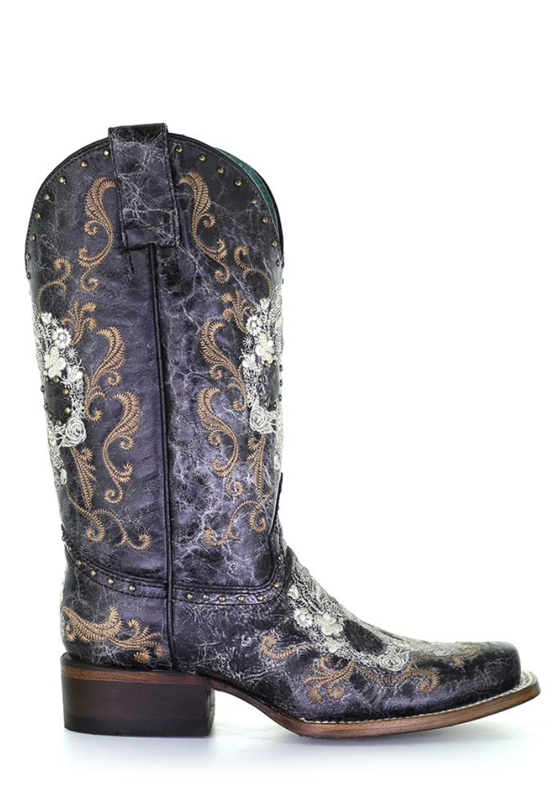 Ladies Black & White Skull Square Toe Boots