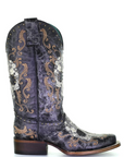 Ladies Black & White Skull Square Toe Boots