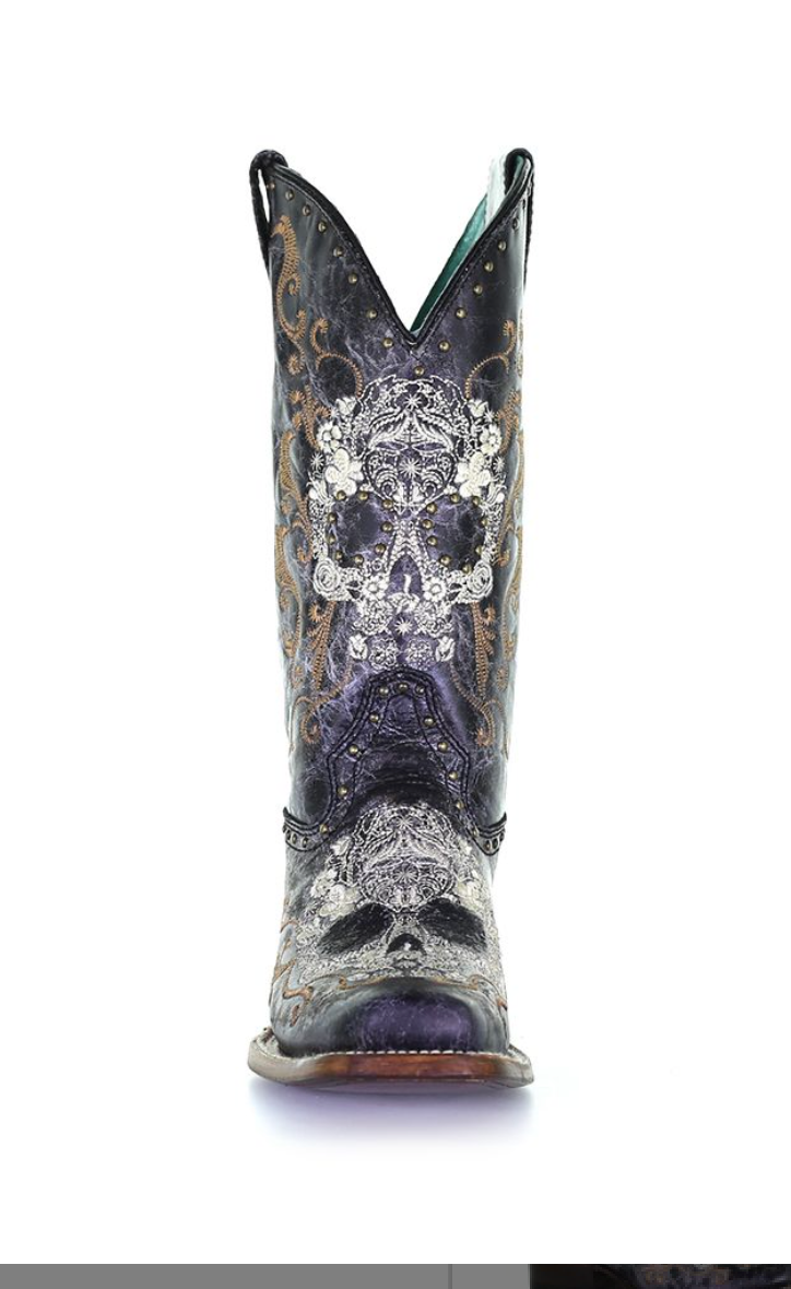 Ladies Black & White Skull Square Toe Boots