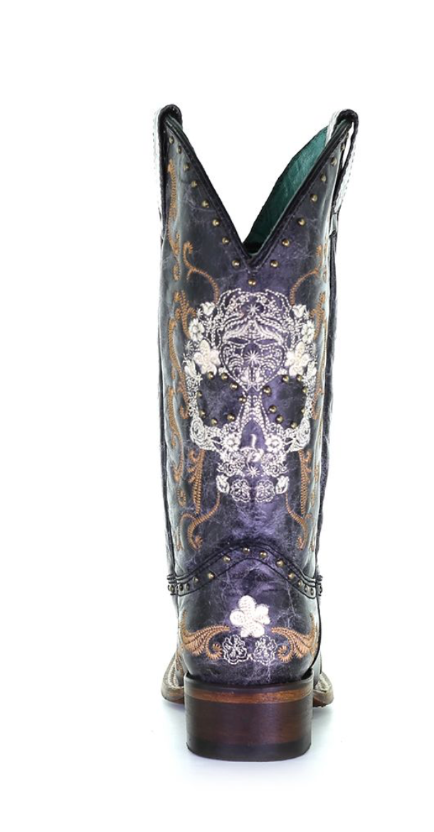 Ladies Black & White Skull Square Toe Boots