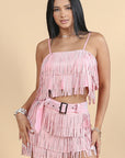 Light Pink Rhinestone Stud Fringe Crop Top