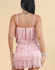 Light Pink Rhinestone Stud Fringe Crop Top