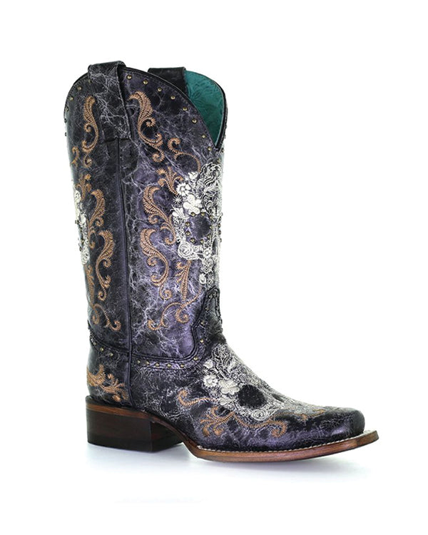 Ladies Black & White Skull Square Toe Boots
