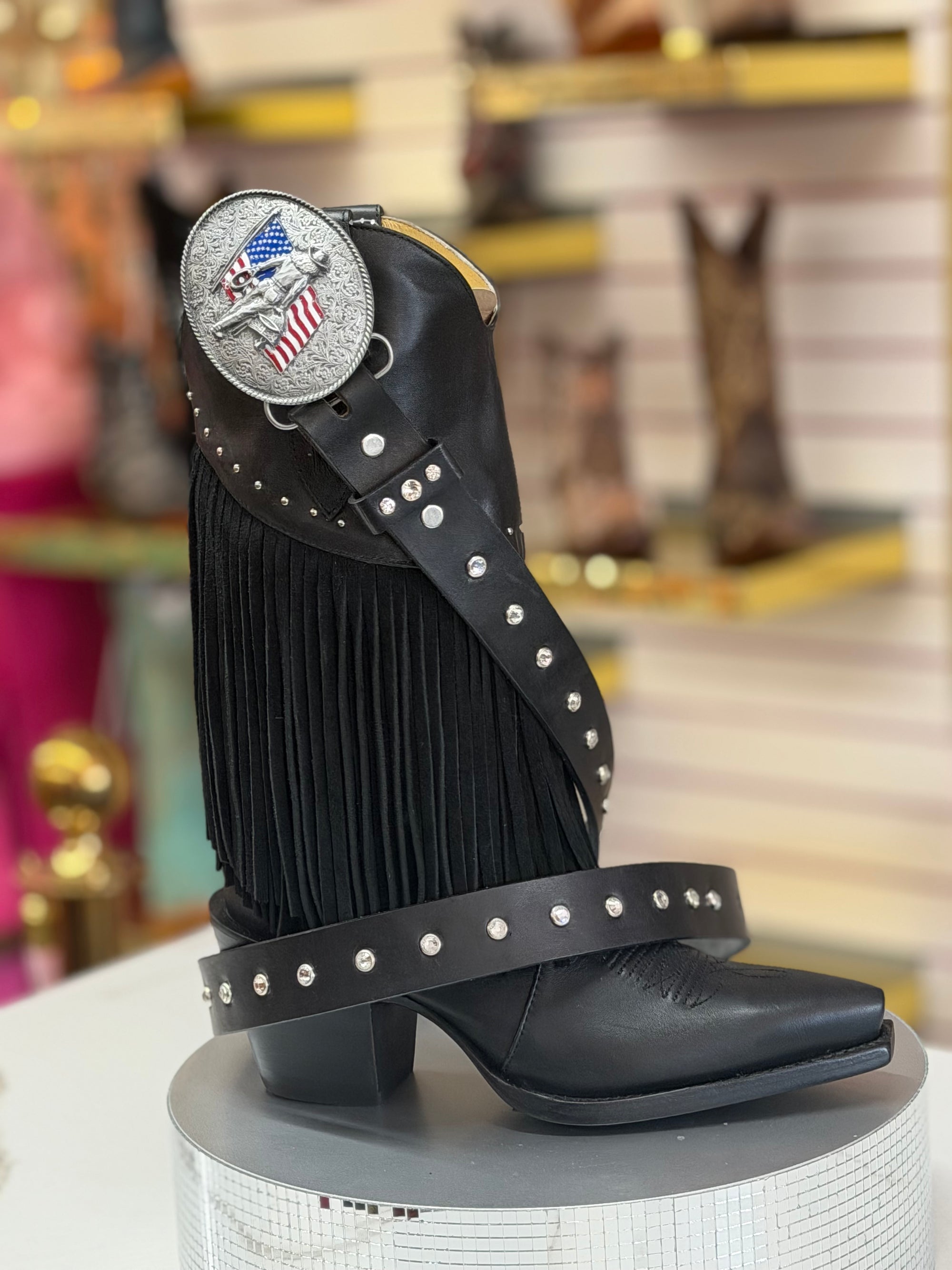 Custom leather belt with western buckle at Bullet Boots Belt Bar in Denville NJ luxury custom belt bar experience for bachelorette parties corporate events and private group bookings handcrafted western leather accessories