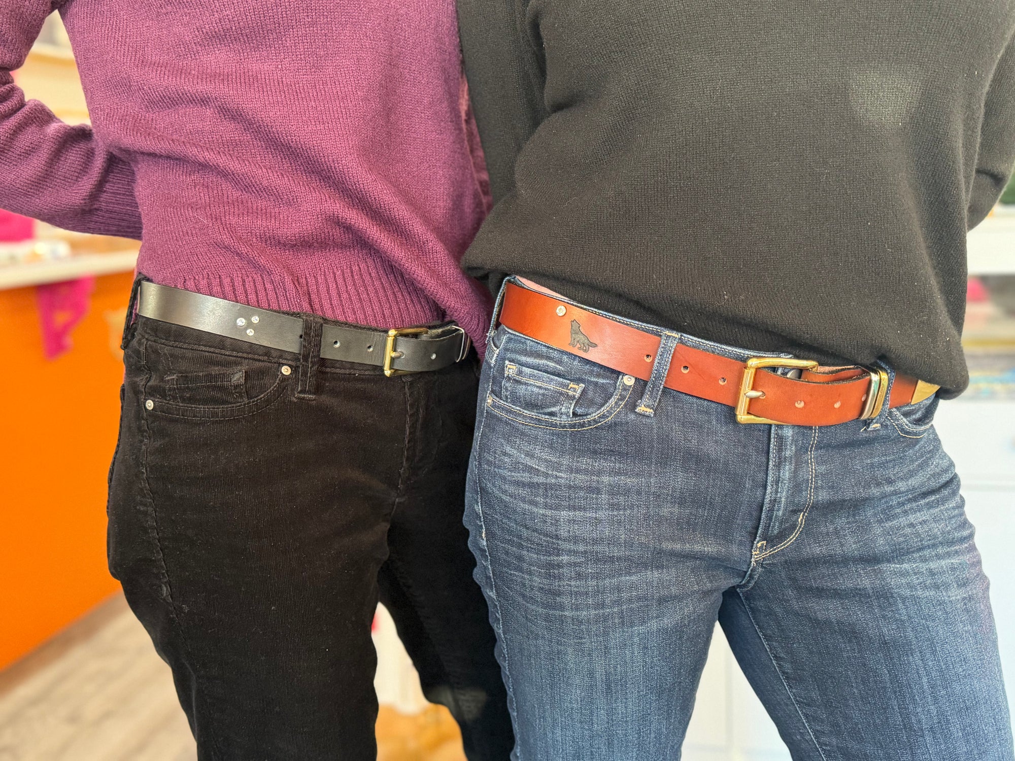 Custom leather belt with western buckle at Bullet Boots Belt Bar in Denville NJ luxury custom belt bar experience for bachelorette parties corporate events and private group bookings handcrafted western leather accessories