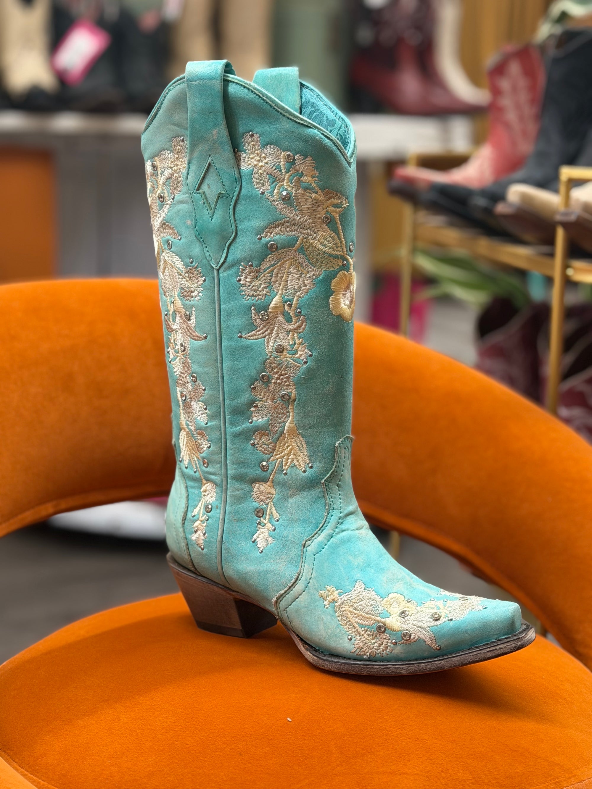 Turquoise Floral Rhinestone Boots