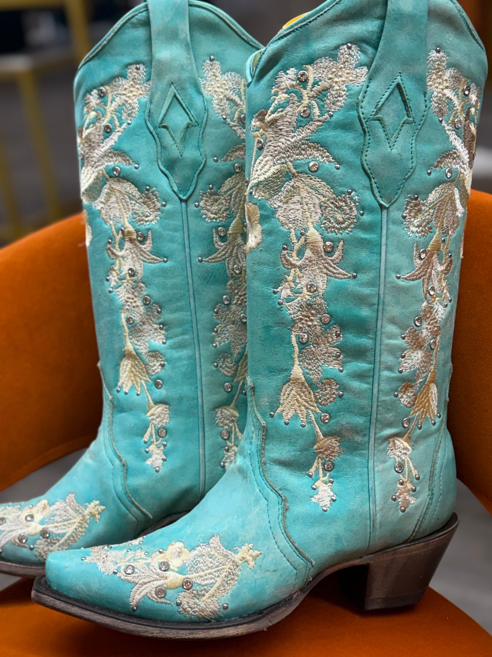 Turquoise Floral Rhinestone Boots