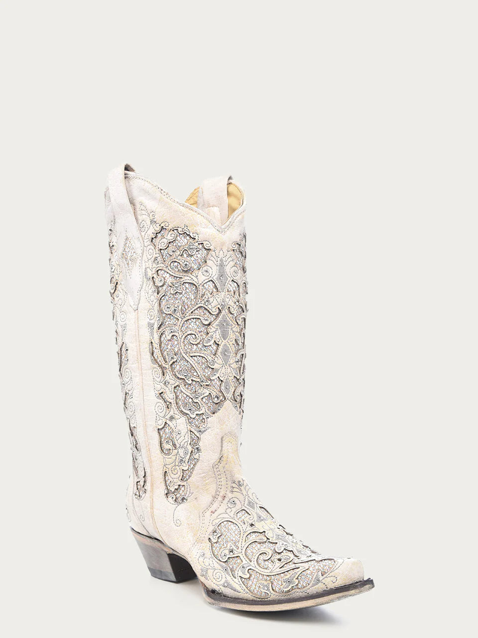 White Glitter Leather Cowboy Boots