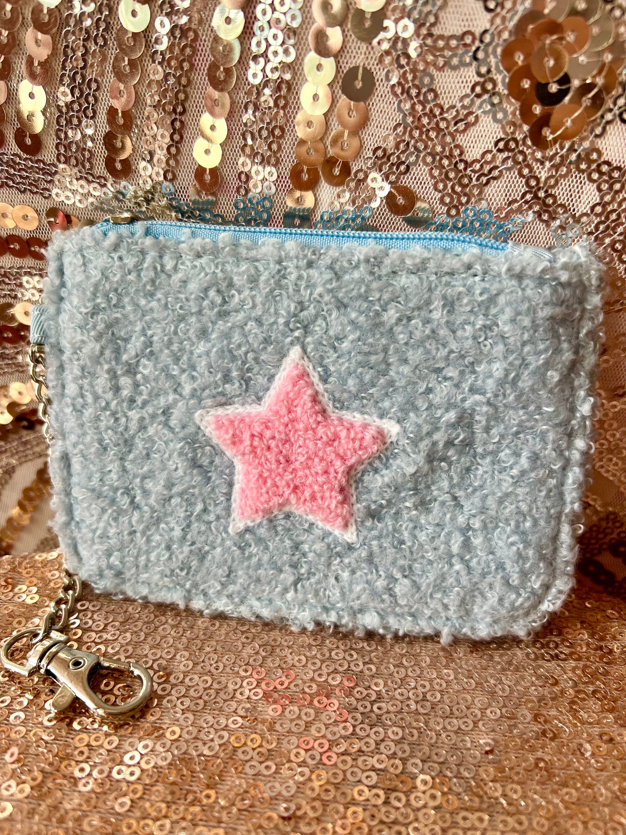 Star Blue Fuzzy Key Chain Coin Pouch