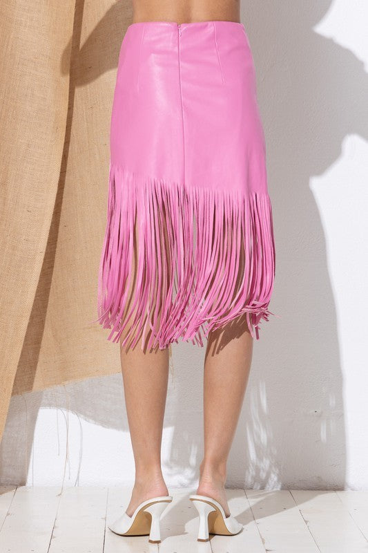 Pink Faux Leather Fringe Skirt