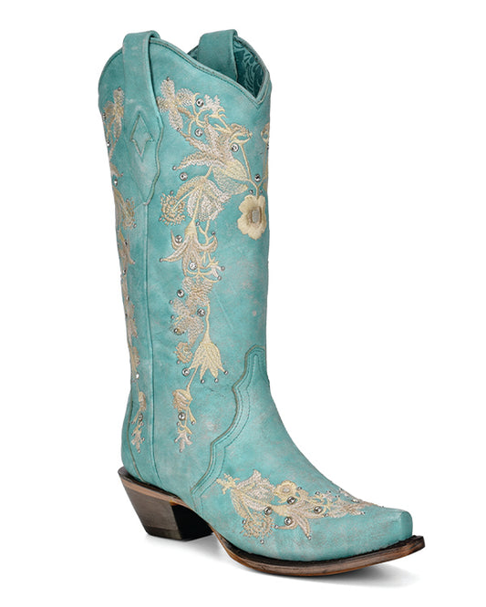 Ladies Washed Turquoise Floral Embroidered Crystals Snip Toe Boots