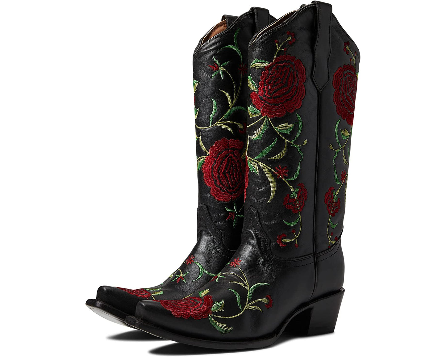 Ladies Rose Embroidered Black Snip Toe Boots