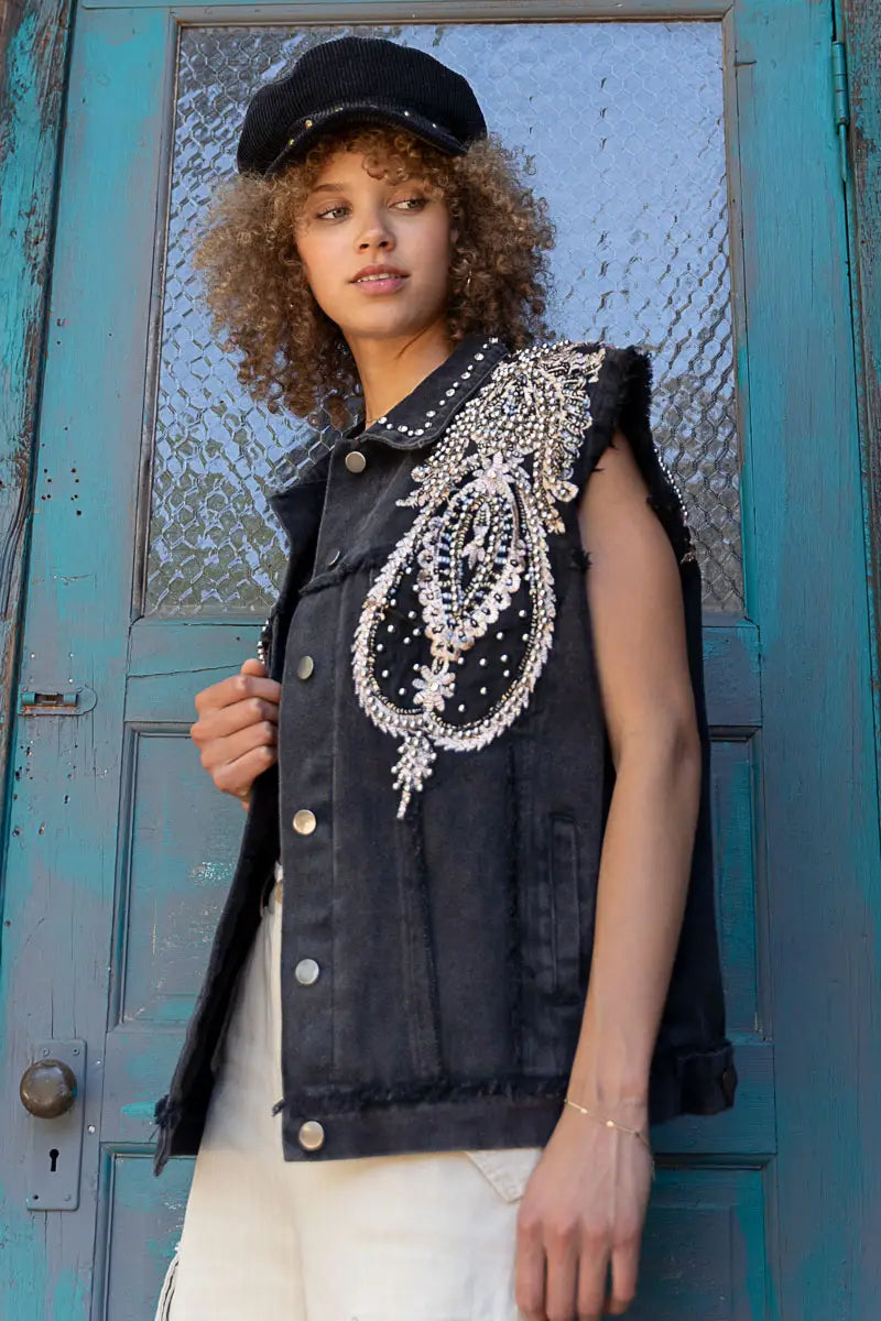 Rhinestone &amp; Beaded Oversized Black Denim Vest