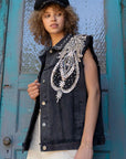 Rhinestone & Beaded Oversized Black Denim Vest