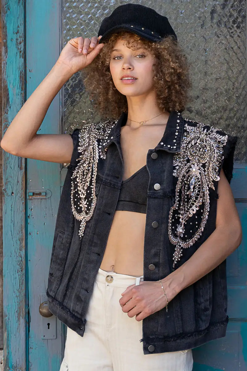 Rhinestone & Beaded Oversized Black Denim Vest