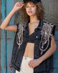 Rhinestone & Beaded Oversized Black Denim Vest