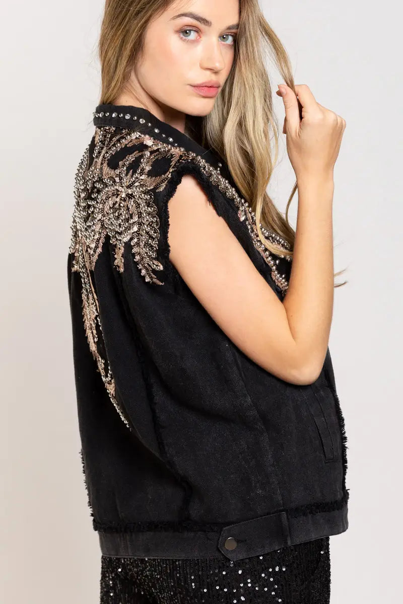 Rhinestone & Beaded Oversized Black Denim Vest