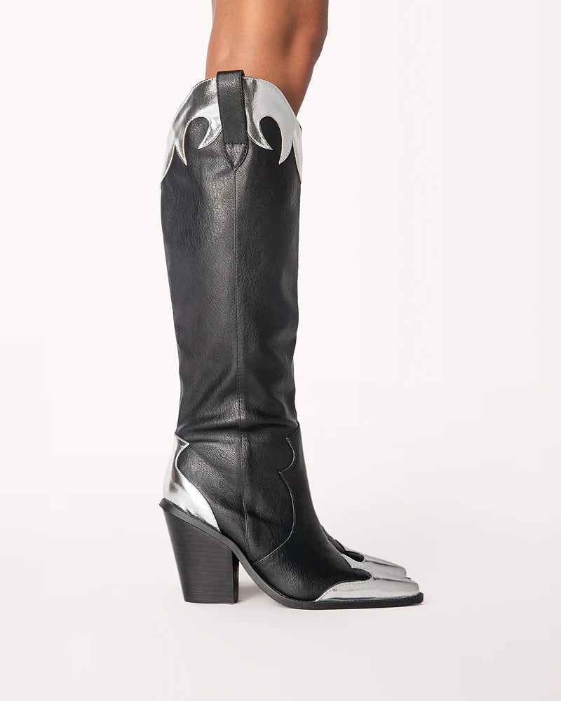Ladies Faux Leather Black Silver Tall Boots