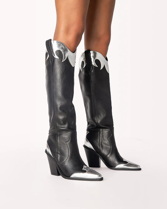 Ladies Faux Leather Black Silver Tall Boots
