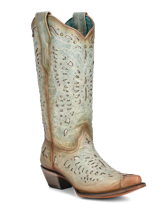 Ladies Mint Glitter Butterfly Embroidered Snip Toe Boots