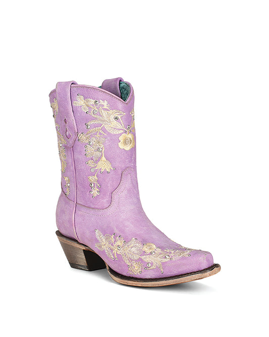 Ladies Washed Lilac Floral Embroidered Crystals Snip Toe Ankle Boots