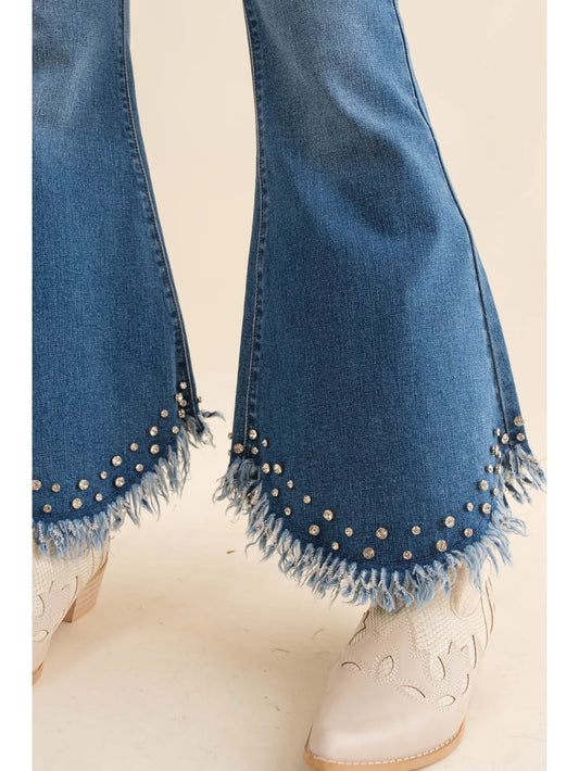 Rhinestone Frayed Flare Jeans