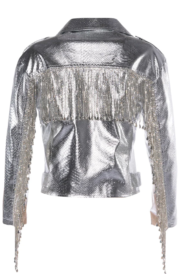Silver Crystal Fringe Faux Leather Jacket