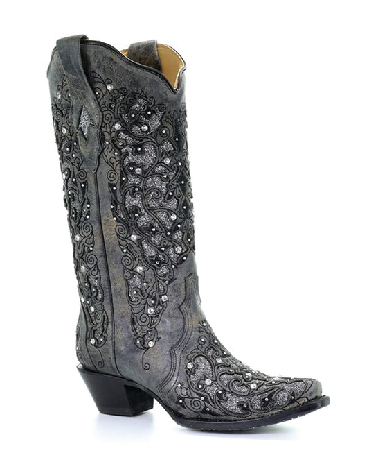Ladies Grey Glitter Rhinestone Snip Toe Boots
